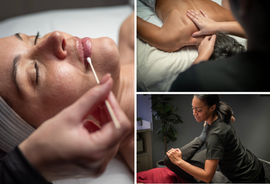 Collage of services—massage, stretch, & skin care— available at Massage Envy franchised location. 