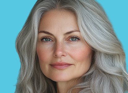 Close-up of woman's face in front of a light blue background. 
