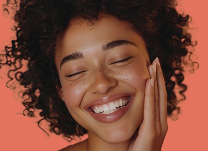 Close-up of a woman touching the side of her face in front of an orange background. 
