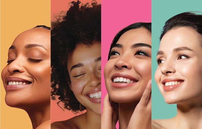 Collage of women smiling in front of multi-colored backgrounds. 