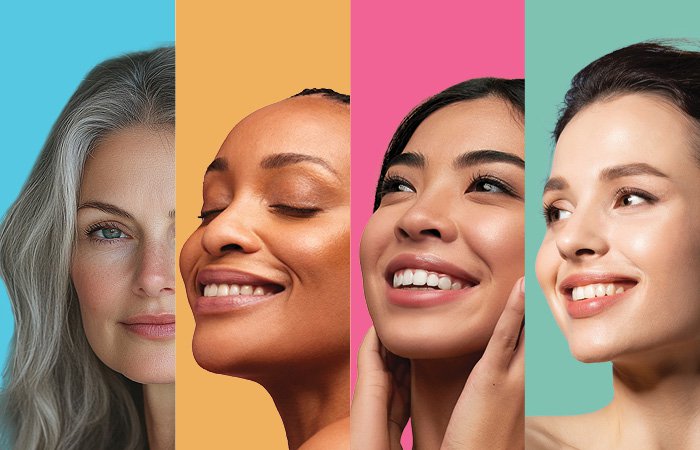 Collage of women smiling in front of multi-colored backgrounds. 