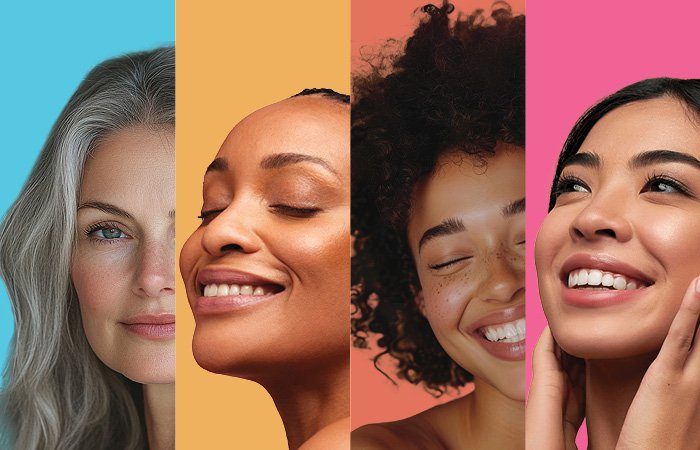 Collage of women smiling in front of multi-colored backgrounds. 