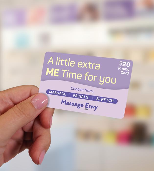 Close-up view of $20 Massage Envy promotional card.