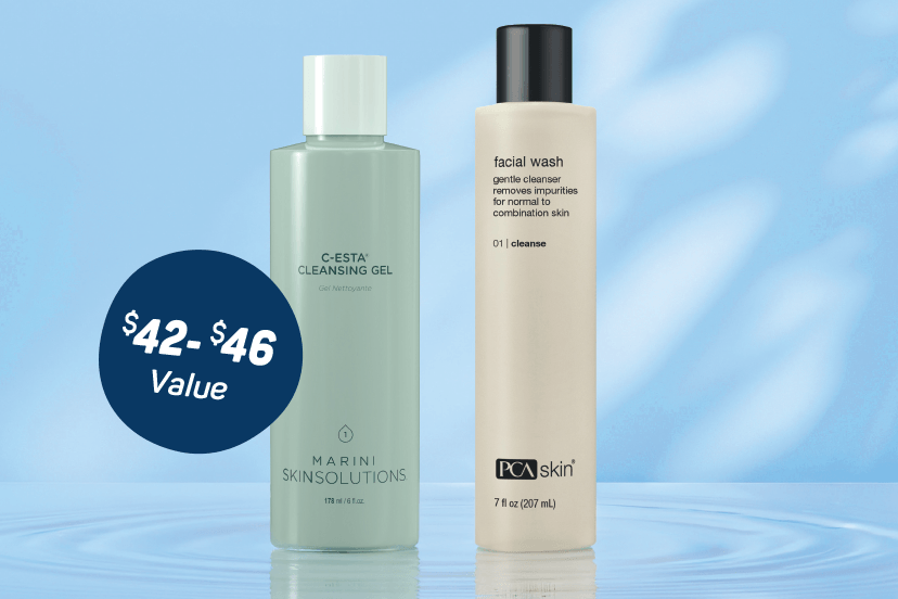 Two bottles of skin care products. $42–$46 Value.