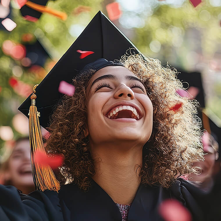 Young woman with graduation cap smiling and lifting her head up as she celebrates graduation. 