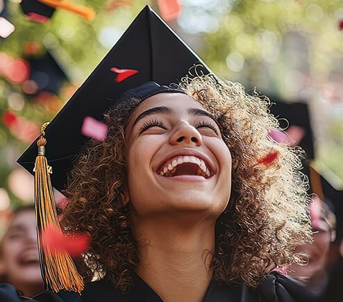Young woman with graduation cap smiling and lifting her head up as she celebrates graduation. 