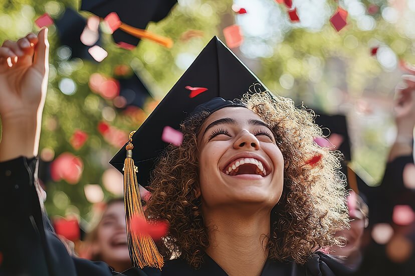 Young woman with graduation cap smiling and lifting her head up as she celebrates graduation. 