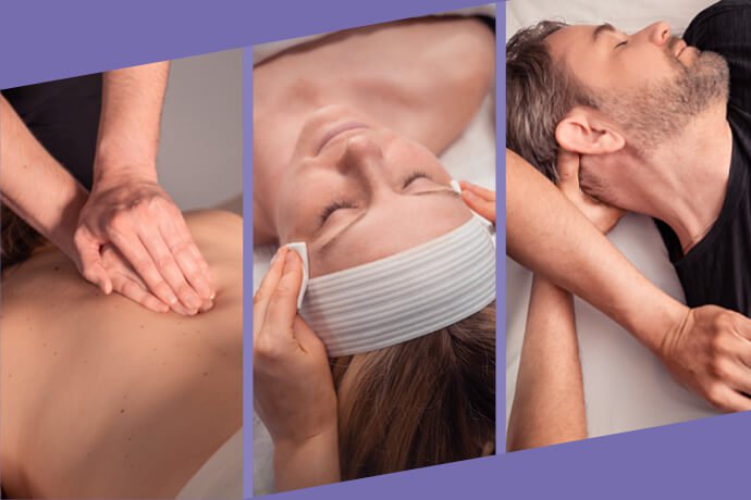 Collage of clients receiving a massage service, a facial service, and a stretch service at a Massage Envy clinic. 