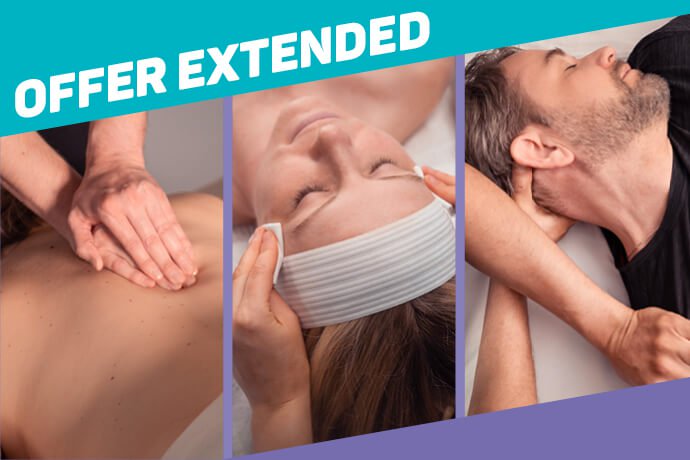 Collage of clients receiving a massage service, a facial service, and a stretch service at a Massage Envy clinic. 