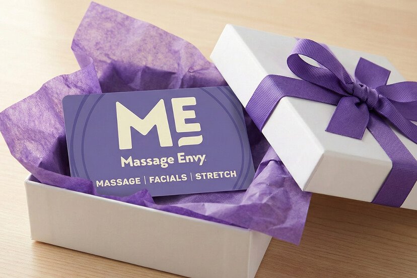 Massage Envy gift card inside of a box. 