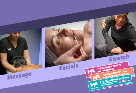 Collage of available Massage Envy services with promotional vouchers displayed on the bottom right. 